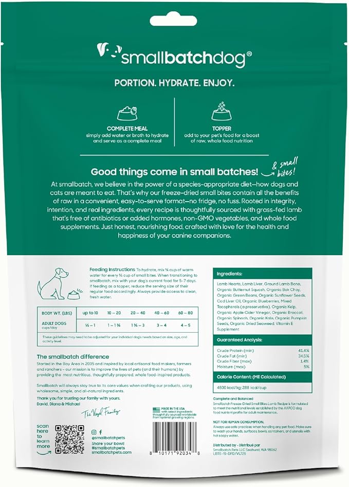 smallbatch Freeze Dried Dog Food – Lamb Recipe, Grain Free, Organic Produce – Grass Fed Lamb Hearts & Organs – High Protein Meal or Topper – Complete & Balanced Nutrition – 19 oz, Made in USA