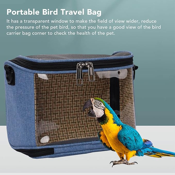 FLEXMAN Bird Carrier Bag, Portable Small Bird Travel Cage, Transparent Lightweight Breathable, Two Way Zipper Parrot Travel Cage with Side Pockets for Parrots, Birds, Hamsters, Small Lizards (Blue)