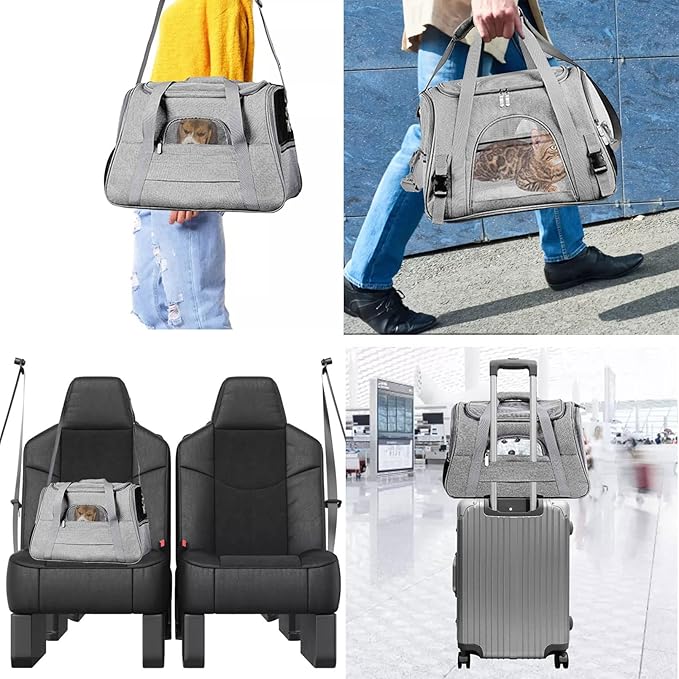 kathson Rabbit Travel Carrier Bag Airline Approved Pet Pocket Breathable Mesh Window Portable Hand Bag with Locking Safety Zippers for Small Dogs Cats Bunnies and Small Animals (Grey)