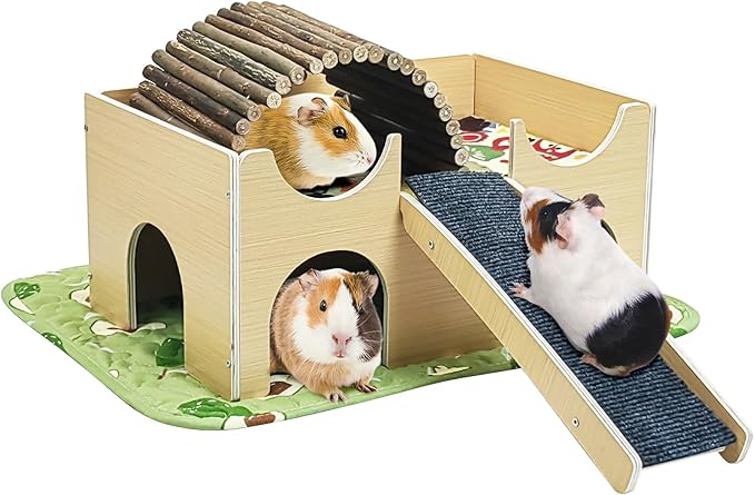 Fhiny Guinea Pig Hideout, Wooden Guinea Pig Castle with Ramp Bridge and Soft Mat Large Small Animal House Piggies Hideaway Hamster Habitat Decor for Chinchilla Hedgehog Squirrel Hamster Gerbil Rat