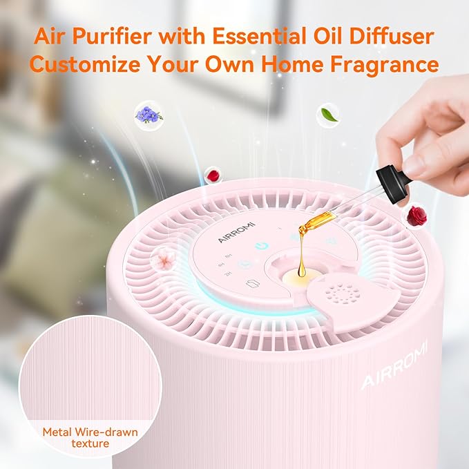 AIRROMI Air Purifier for Bedroom with HEPA 3-in-1 Filter, Pet Air Purifier for Home Cat Pee Smell, Covers Upto 990 Ft², Quiet 360° intake Air Cleaner for pet hair,allergies,Dust,Smoke A2001 Pink