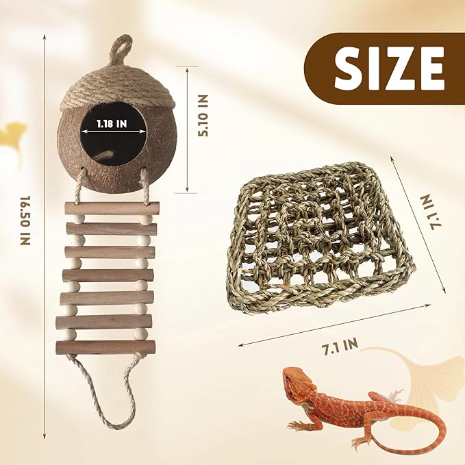 Lizard Coco Den with Ladder,5PCS Leopard Gecko Tank Accessories Reptile Terrarium Plants Hammock Coconut Hut Hide Hanging Reptile Decor for Crested Gecko,Baby Bearded Dragon,Chameleon,Snake