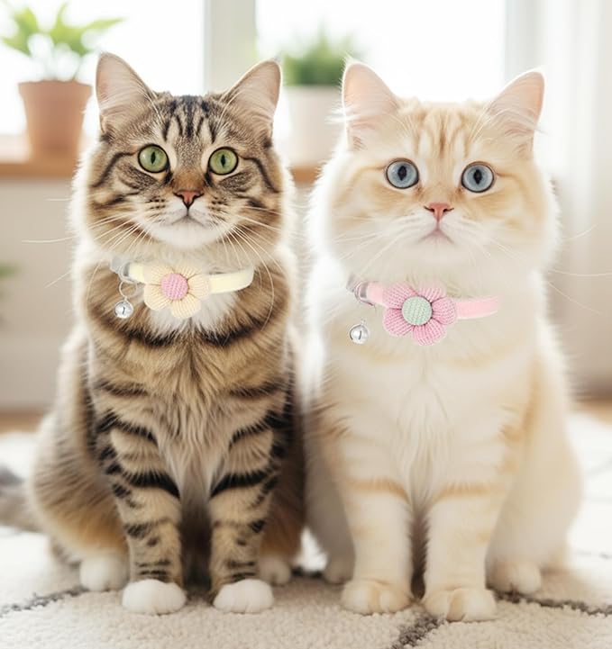 2Pcs Girl Cat Collars, Pink Girly Kitten Collar Plush Flower Cute Cat Collars for Girl Cats, Adjustable Design with Bell, Breakaway Safety Buckle, Cute Accessories for Girls' Kittens, Pink & Cream