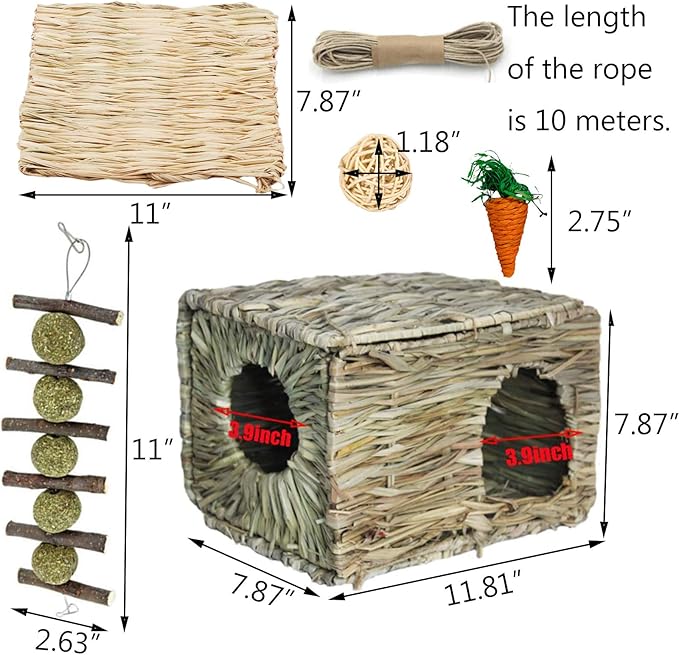 Hamiledyi Bunny Grass House with 2 Grass Mat and Play Balls Foldable Toy Hut for Rabbit, Squirrels, Guinea Pigs Play and Sleep Edible Grass Hideaway