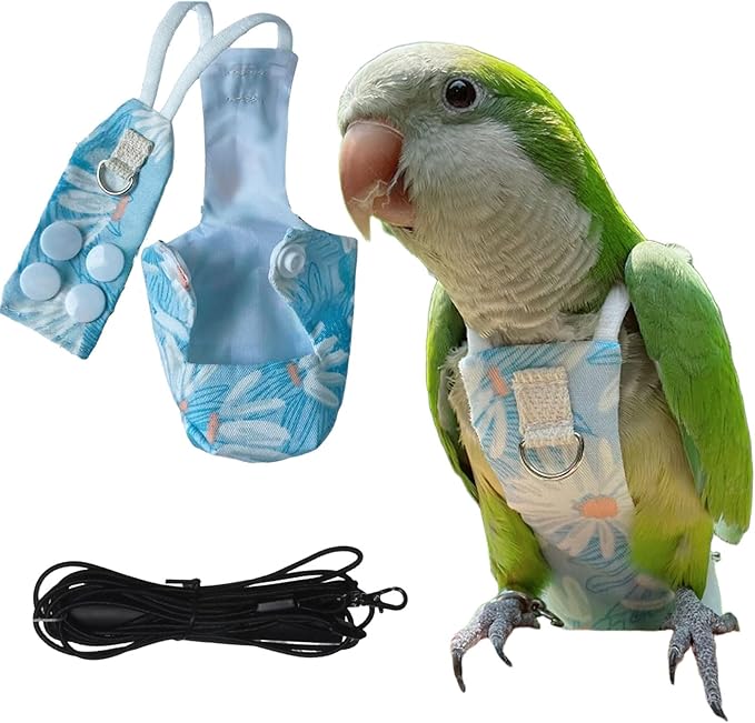 Snap-Closure Parrot Diapers with Adjustable Leash - Washable Bird Flight Suits for Cockatiels, Sun Conures & Quaker Parrots Secure & Chew-Resistant (M – Little Sun/Budgie + 1m Rope)