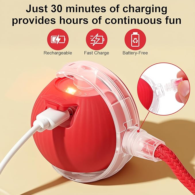 Interactive Electric Automatic Rolling Moving USB Rechargeable Self Activated Play Stimulation Toy Smart Chase Teaser Ball with Speedy Tail Rope for Bored Adult Indoor Cats and Dogs, Blue