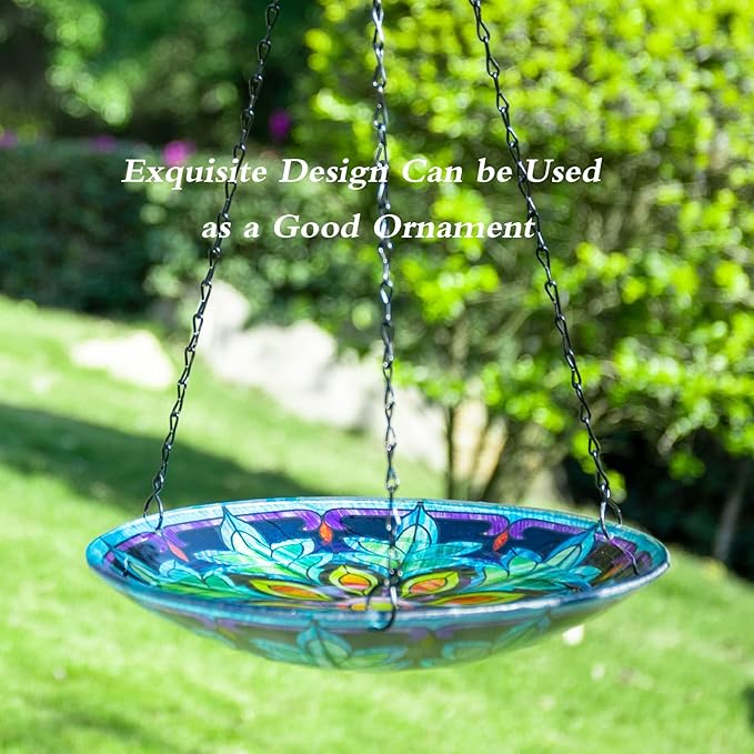 MUMTOP Hanging Bird Bath - Bird Baths for Outdoors, 11 Inch Glass Bird Bath Bowl Outdoor Bird Feeders for Garden Yard and Patio Decor