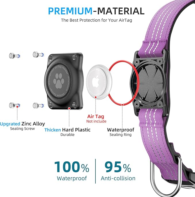 Upgraded AirTag Dog Collar, IP68 Waterproof Air Tag Dog Collar Holder, Reflective, Ultra-Durable, Comfortable Padded, Heavy Duty Dog Collars for Small Medium Large Dogs (XS (10.25"-13"), Purple)