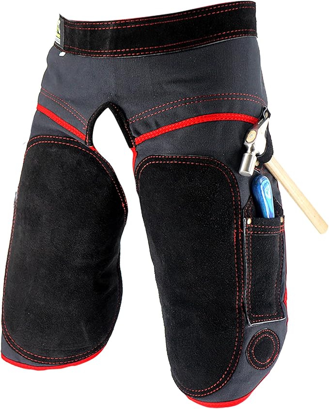 Equine Care Farrier Apron Chaps – 2mm Cowhide Suede Leather, 500 GSM Canvas, 23" Length, Adjustable Waist (28–52"), Ambidextrous Knife Pockets, Magnets & Loops – Horseshoeing & Hoof Trimming.