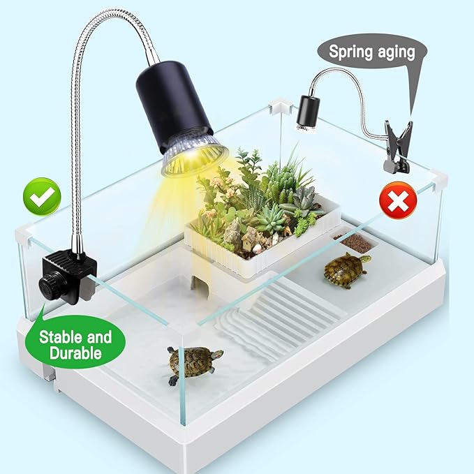 Reptile Heat Lamp, UVA UVB Light for Aquarium Turtle Tank, with 2 * 50w Basking Bulb and 360° Swivel Clamp Stand for Tortoise, Snake, Frog, Lizard, Cockatoo, Chameleon. Halogen, Yellow Light