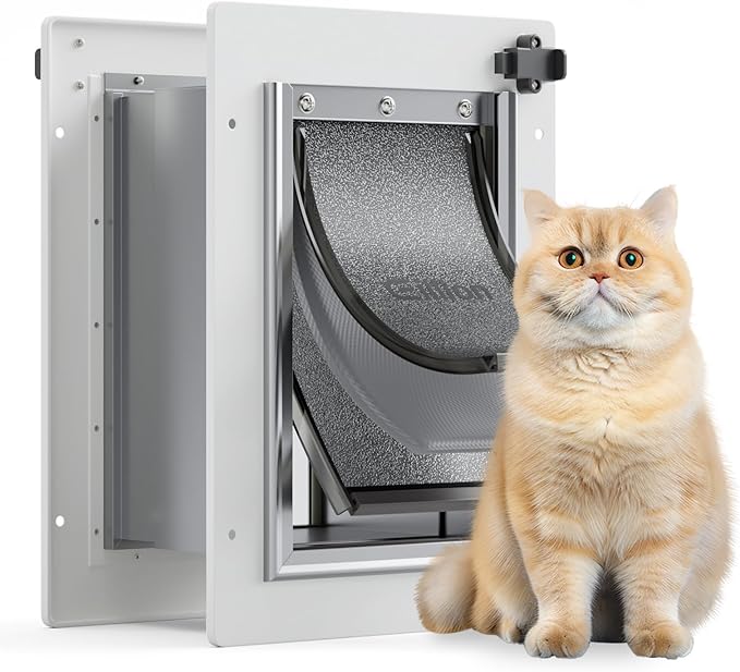 Cat Door for Wall Dog Door for Wall Exterior, 3-Flap Small Pet Door for Walls, All-Metal Frame and Telescoping Tunnel, Pets Up to 15 Lb (Small Size)