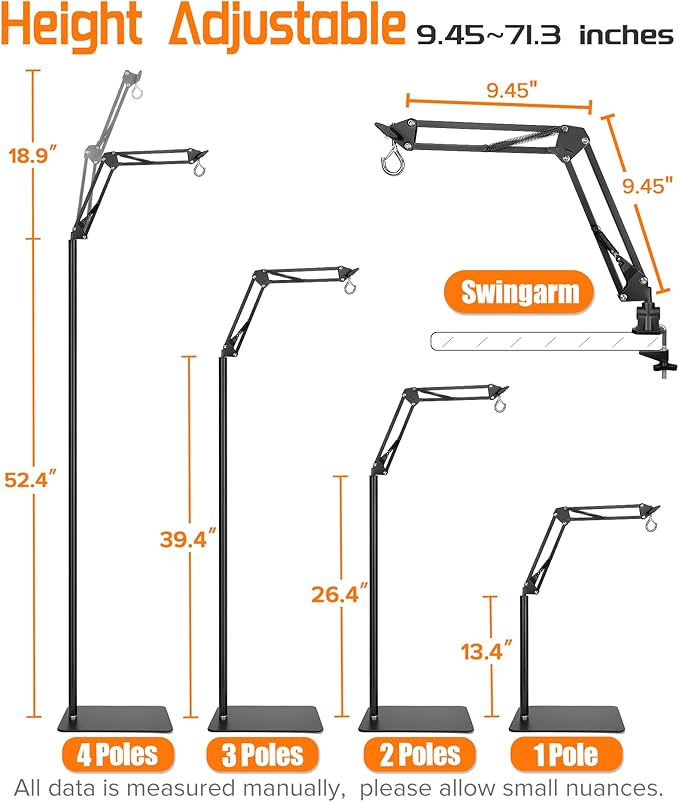 4 IN 1 Metal Reptile Lamp Stand with Swing Arm for Terrarium - Floor Light Stand for Reptile Tank - Adjustable Height & Width & Angle Heat Lamp Holder - Heating Light Bracket & Hanger (Max Height 72")