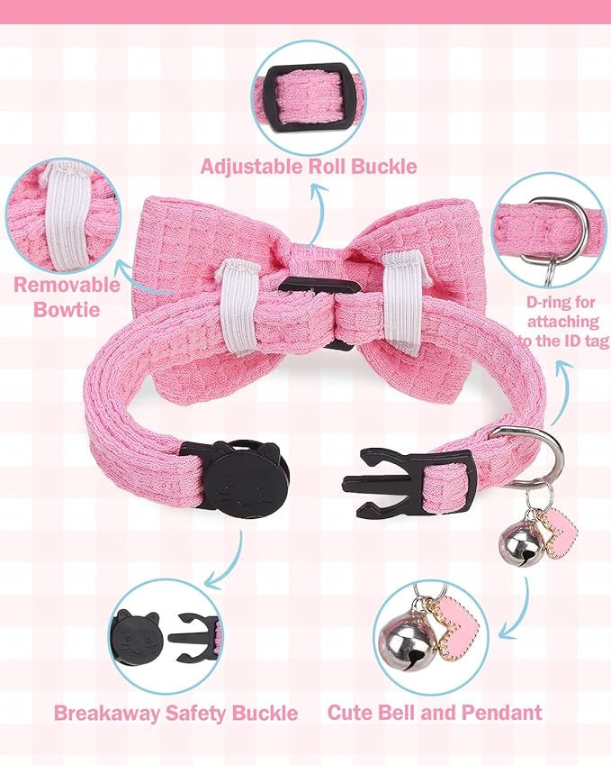 Cat Collar Breakaway with Bells, Soft Cotton Pink Cat Bowtie Collar for Girl Cats, Small Cats Collar with Bow for Spring Summer, 2 Pack Cute Kitten Collars with Removable Bowtie 8-12Inch