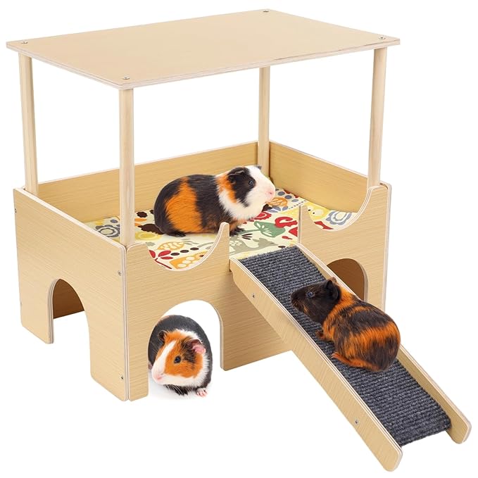 Large Wooden Guinea Pig Hideout, 2-tier Guinea Pig House with Non-slip Stairs, Small Animal Cage House, Cushioned Pads Included, Pet Habitat for Hamster Playing, Hiding