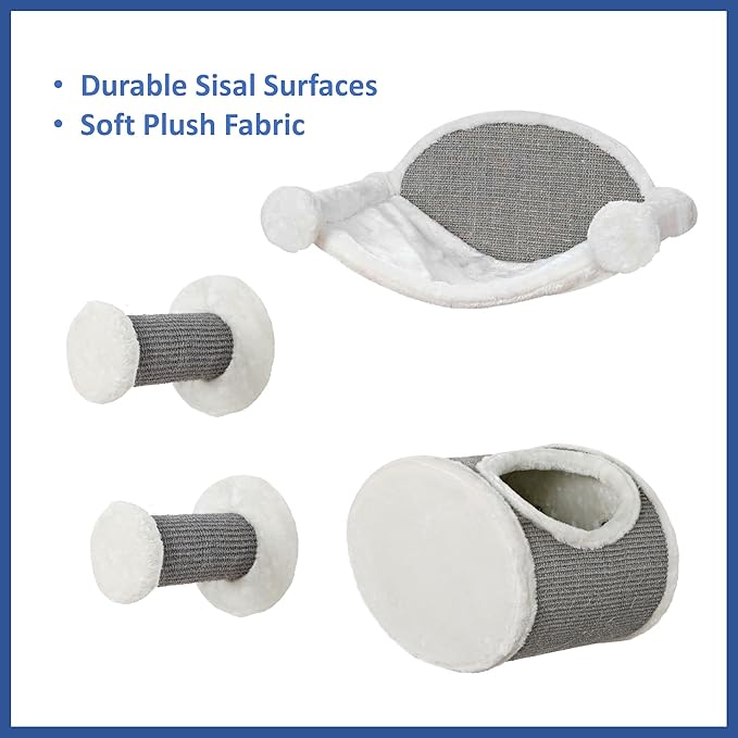 Trixie Wall Mounted Cat Lounge Set with Hammock & Condo – Climbing Shelves with Plush Condos & Sisal Steps – Wall-Mounted Cat Furniture for Scratching & Lounging – Gray, 18.75 x 11 x 11.25 in