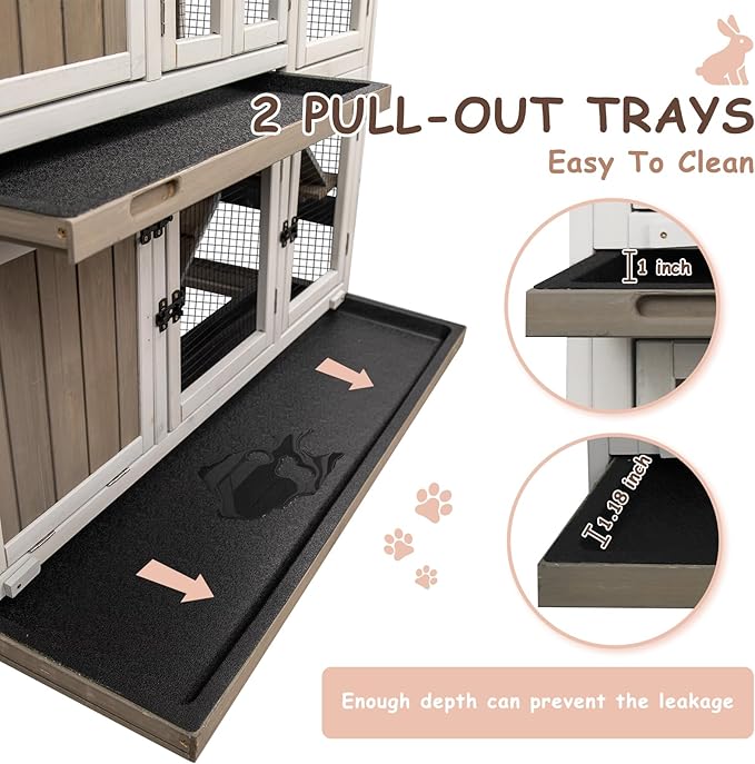 PetsCosset 42.7" L Rabbit Hutch Indoor Outdoor 2-Story Rabbit Cage with 4 Wheels,Guinea Pig Cage Bunny Hutch with 2 Pull Out Trays,Bunny Cage with Asphalt Roof for Small to Medium Animals