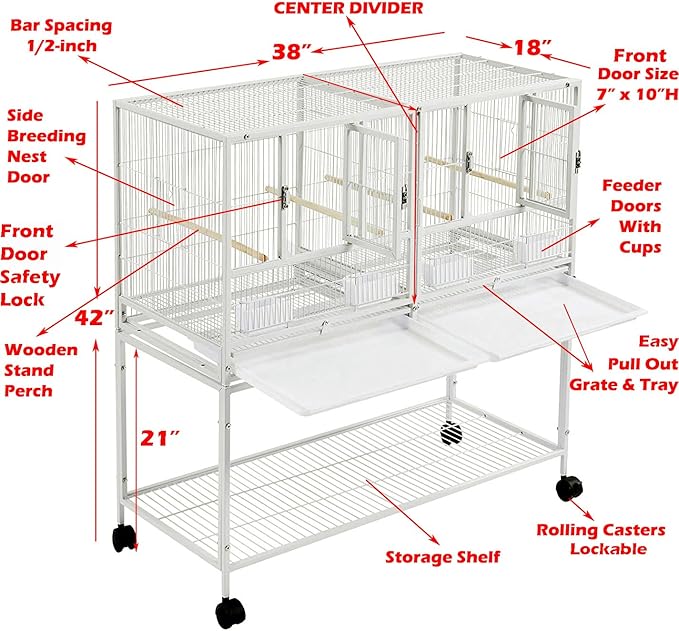 Single Stackable Center Divided Breeder Breeding Bird Flight Double Rolling Cage for Aviaries Canaries Cockatiels Lovebirds Finches Budgies Small Parrots (White Vein, Single Story)