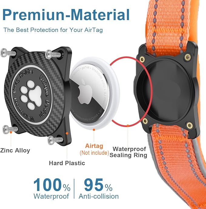 Airtag Dog Collar with Waterproof Air Tag Holder, Luminous Reflective, Soft Padded, Adjustable Nylon Pet Collar for Small Medium Large Heavy Duty Dogs,Orange, XL