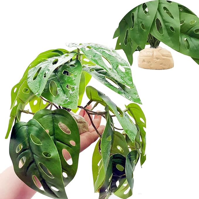 Reptile Plants for Terrarium Decor,Amphibian Habitat Decor, Bearded Dragon Tank Accessories,Artificial Plants for Gecko Chameleon Snake Tortoise with Base (Swiss Cheese)