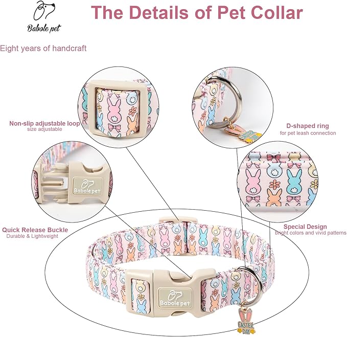 Easter Dog Collar for Large Dogs - Pastel Bunny Easter Collars for Female Dogs, Cute Spring Girl Dog Collar, Lightweight Adjustable Cartoon Holiday Pet Collars L