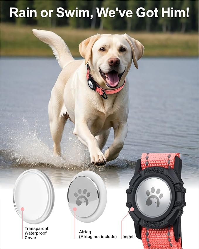 TagME Airtag Dog Collar,Waterproof Reflective Pet Collar with Airtag Holder,Soft Padded and Double D-Rings for Large Dogs,Baby Pink