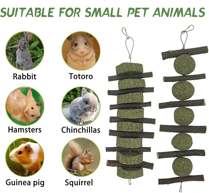 Rabbits Bunny Chew Toys Treats Natural Wood Timothy Hay Grass Cakes Balls Chew Toys Treats for Hamster Chinchilla Guinea Pigs 2pcs