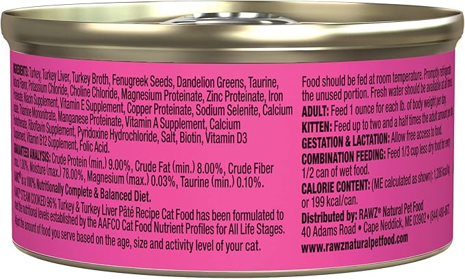 Rawz Natural Premium Pate Canned Cat Wet Food - Made with Real Meat Ingredients No BPA or Gums -3 oz Cans (Case Pack of 18) (Turkey)