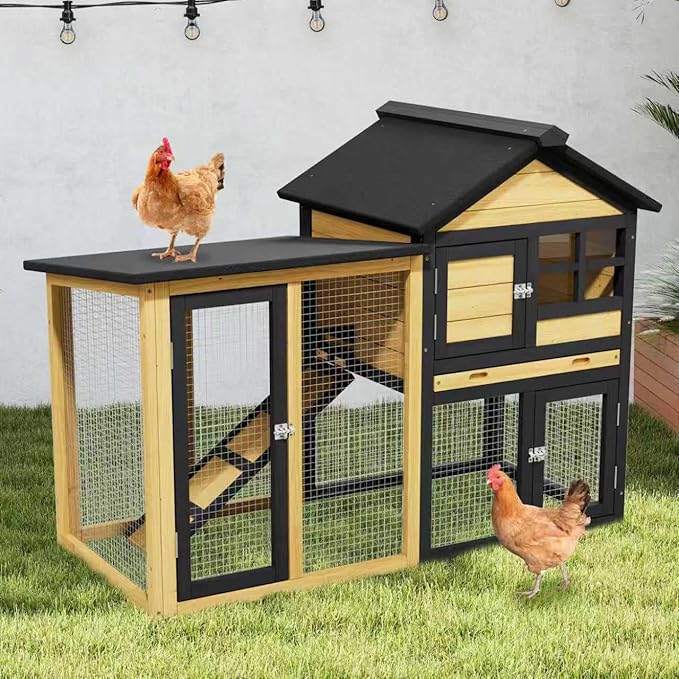 Chicken Coops Outdoor Wooden Double-Decker Chickens with Deep Push-Pull Trays, Non-Slip Slopes, Waterproof Asphalt Roof Suitable for a Variety of Animals (Yellow Black)
