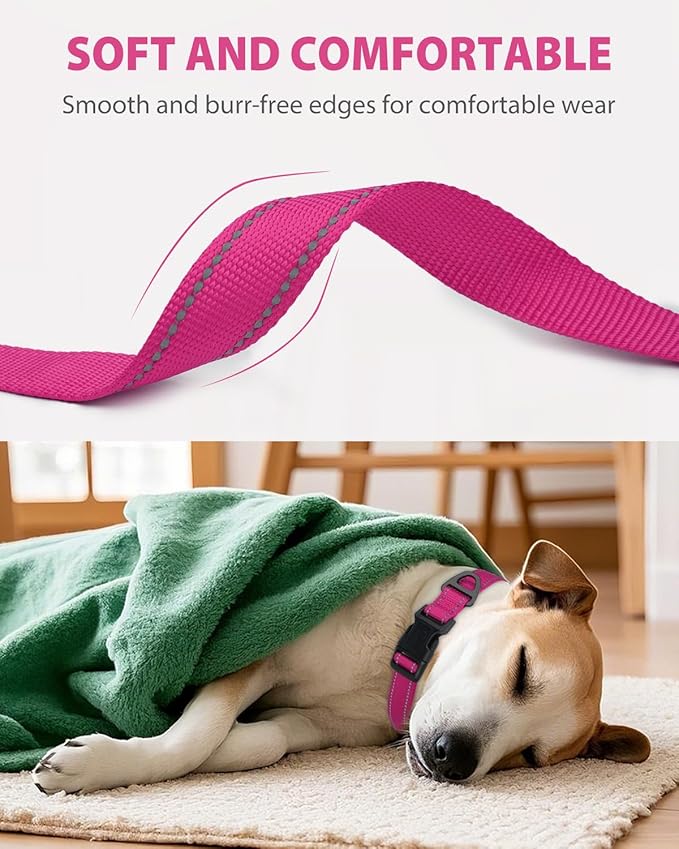 Joytale Large Dog Collar, Reflective and Adjustable Nylon Pet Collar with Quick-Release Buckle for Large Dogs, Hotpink, L