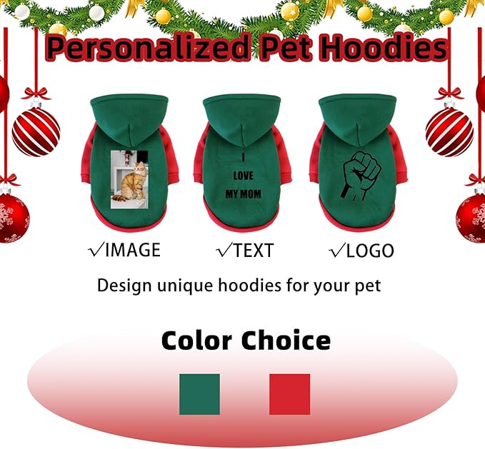 Custom Dog Hoodie, Personalized Sweatshirt with Photo Text Name Logo, Customized Hooded Sweater for Small Medium Large Dogs & Cats (Green + Red Border, Small)