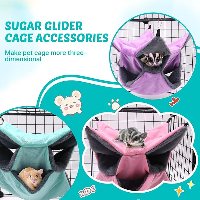 LYART Sugar Glider Pouch Hammock Bed Bedding, Sugar Glider Cage Accessories Toys for Rat, 3-Layer Hammock Make Pet Cages More Three-Dimensional (2.Mint)