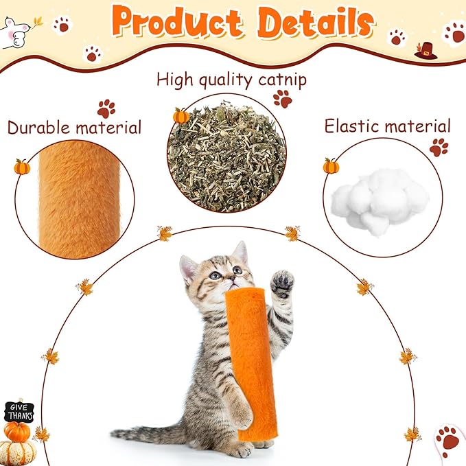 Civaner 6 Pcs Thanksgiving Cat Catnip Toys for Indoor Cat 10.6 Inch Long Fall Kitten Kicker Stick Catnip Toy with Crinkle Sound Soft Plush Kitten Pillow for Chew Exercise (Gold, Yellow, Orange)
