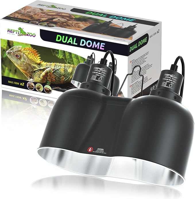 REPTI ZOO Dual Reptile Light Fixture, Max 150W Nano Dual Dome Heat Lamp Fixture with Independent Switches Reptile Tank Accessories UVB Light Fixture (Bulb Not Included)
