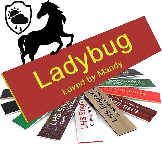 Horse Stall Name Plate, 2x8 Personalized Stall Signs, UV Protected, All Weather Adhesive, Hanging, Mounting or Other, Red Plastic Yellow Letters - Made in USA - B22