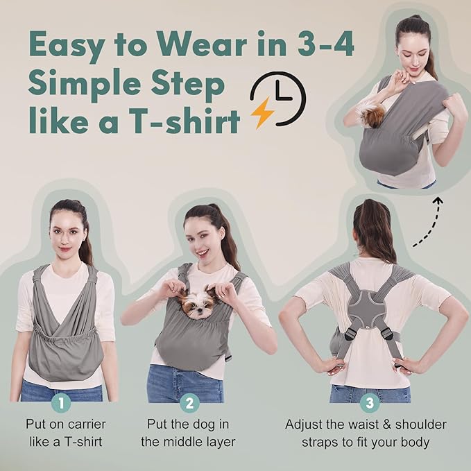 Supet Dog Sling Carrier for Small Pets, Hands Free Cat Sling, Reducing Back Neck Pain Anti-Anxiety Puppy Front, Adjustable Soft Dog Carrying (Grey, Regular)