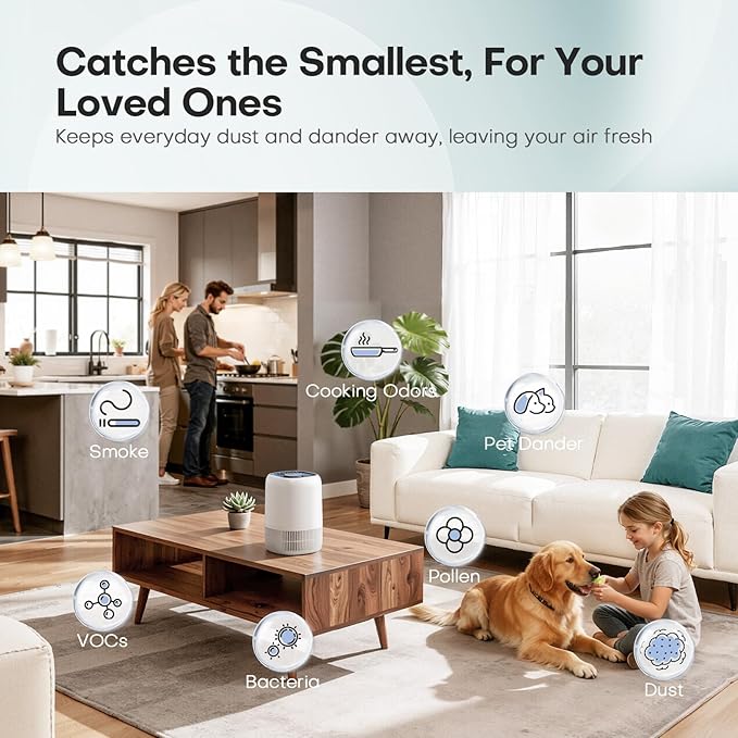 Air Purifiers for Home with H13 Quiet HEPA Filter Up to 1076 Ft² for Pet Hair, Odors, Pollen, Smoke, Compact Air Cleaner with 3 Speeds, Timer, Aroma Quiet 360°Intake Filter, White