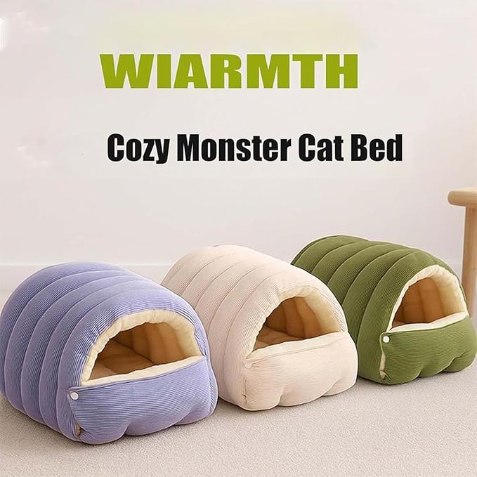Removable and Washable Winter Closed-Off Cat Bed, Cat Winter Cave, Cute Cat Beds for Indoor Cats, Disassembled Design for Easier Cleaning, with Hair Remover (Green+Beige, 22.4 * 14.6 * 11.0 in)