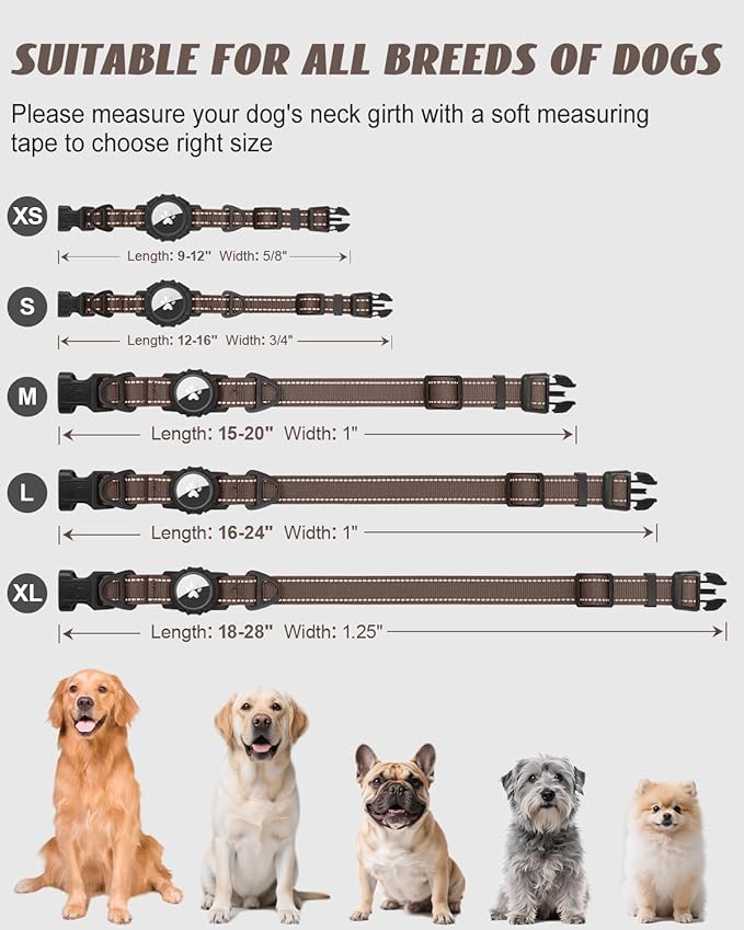 Joytale Airtag Dog Collar, Reflective Pet Collar with Waterproof AirTag Holder, Dual D-Rings, Soft Padded Adjustable for Medium Dogs, Brown, M