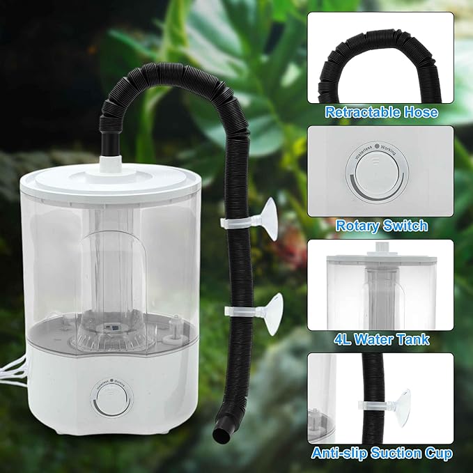 Reptile Fogger, 4L Top Fill Adjustable Mister Tank, Reptile Humidifier for Terrariums and Paludarium, Enhances Humidity Control, White, 1 Set