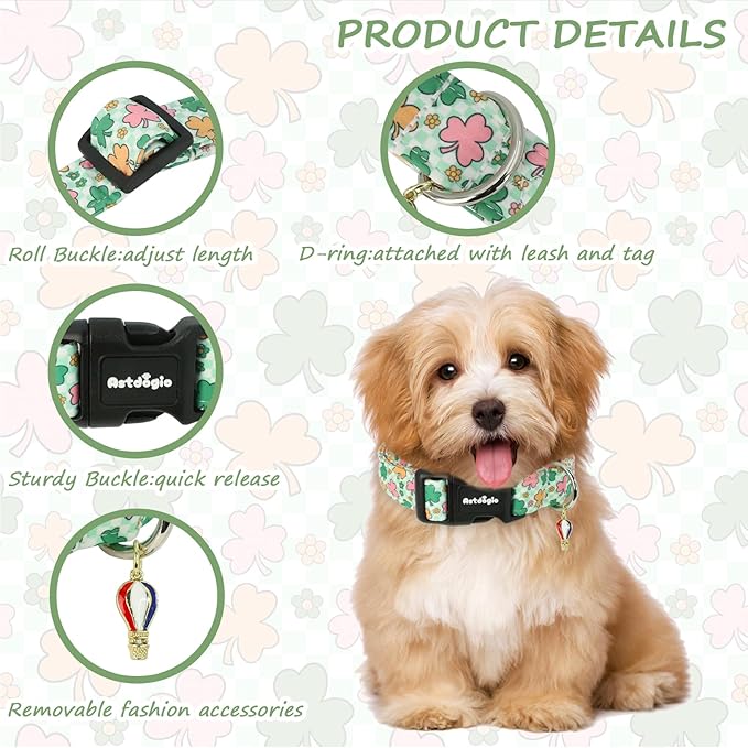 St. Patrick's Day Dog Collar,Puppy Collar with Lucky Shamrock Chequered Pattern,Adjustable Spring Cotton Collars Gifts for Small Medium Large Dogs,Dog Accessories L