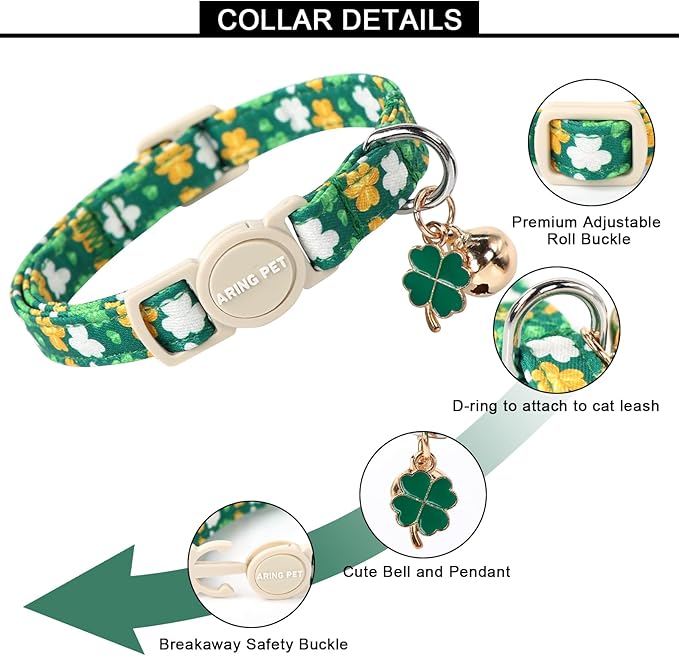 ARING PET 2 Pack St. Patrick's Day Cat Collars-Cute Green Clovers Cat Collar Breakaway with Bell&Pendant, Adjustable Lucky Trefoil Shamrock Kitten Collars with Safety Buckle