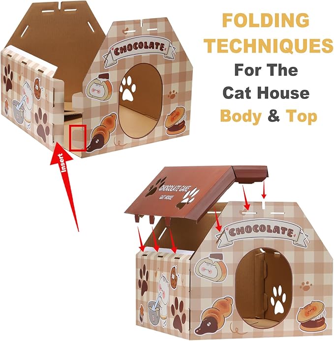 Cardboard Cat House with Scratcher – Red Sushi Carton Cat Box - 18''L x 15.5''W x 14''H for Cats up to 20 Lbs, Sturdy Kitty Playhouse & Hideaway - Indoor Feline Scratch Toy