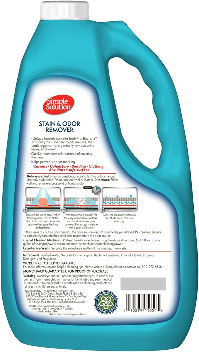 Simple Solution Stain & Odor Eliminator for Pets, Carpet Deodorizer, Enzyme Pet Odor Eliminator for Home, Stain Remover for Cat & Dog Pee, Urine Destroyer, Carpet Cleaner Spray, Gallon