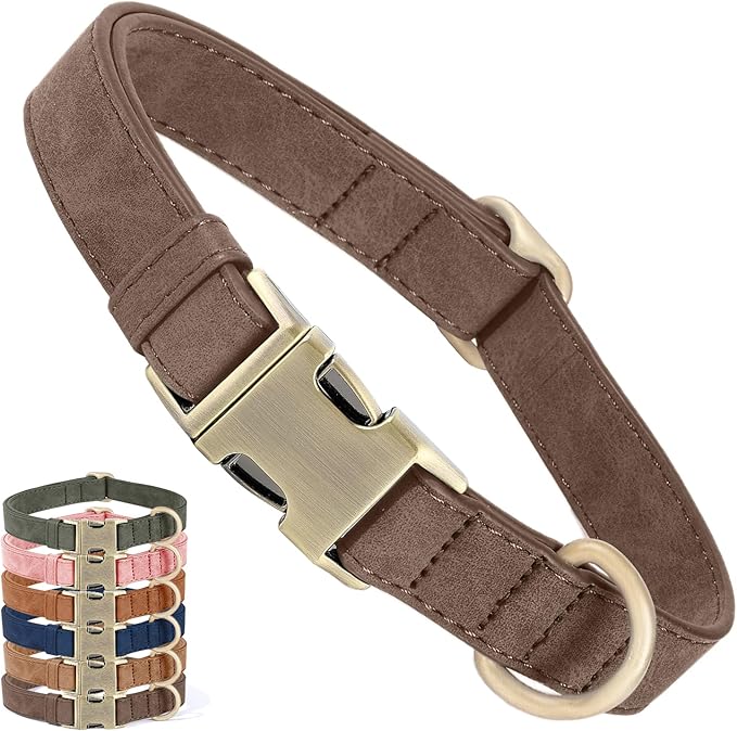 Genuine Leather Dog Collar - Adjustable Pet Collar with Quick Release Metal Buckle, Soft Skin Friendly Real Leather Collar for Small, Medium, Large Dogs (Dark Brown, L：Fit 15-23" Neck)