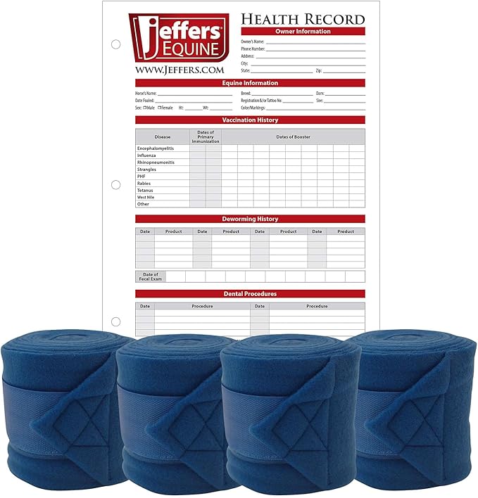 Jeffers Horse Fleece Polo Wraps 4 Pack and Equine Health Record 1 Pack Kit – Leg Wrap Accessories for Training Riding Turnout Stable, Hoof Care Tracker, Equestrian Horse Supplies - Royal Blue