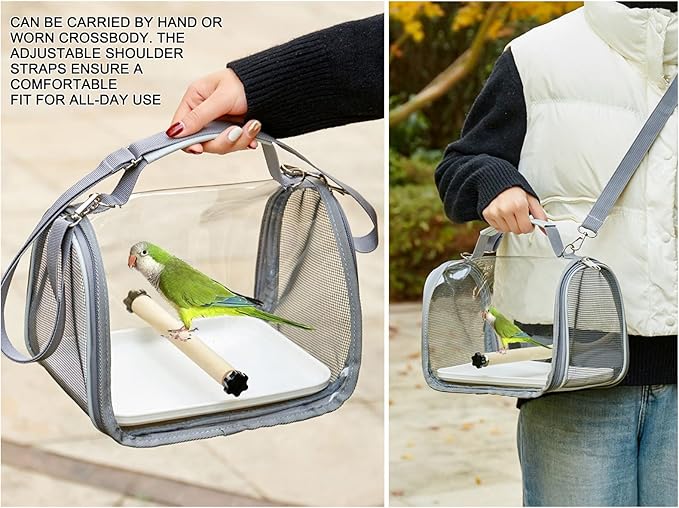 Portable Small Pet Carrier Bag – Travel Bird Cage for Parrots, Parakeets, Cockatiels, Hamsters, Lizard and Vet Visit with Shoulder Straps & Side Access (Includes Tray and Stand, Gray, 13 * 9 * 8.3in)