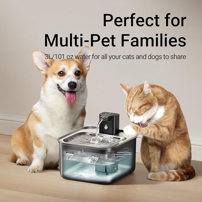 DownyPaws Cat Water Fountain Stainless Steel Wireless, 101 oz/3L FurSink Cordless Water Fountain for Cats, Battery Operated Cat Fountains for Drinking with Motion Sensor, Easy Clean, Black