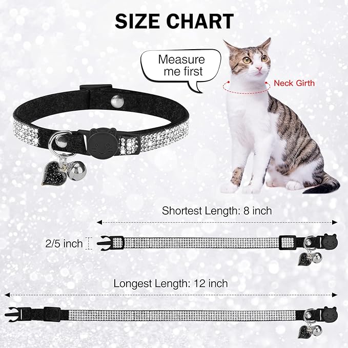 Rhinestone Cat Collar Breakaway with Bell, Diamond Cat Collar with Safety Buckle Quick Release for Girl Boy Small Kitten Pets Puppy,Cute Soft Female Male Cat Collars, Color Black 8-12"