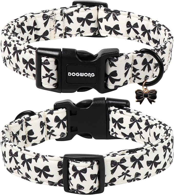 DOGWONG Cute Dog Collar, Black Bow Pattern Dog Collar, Girl Female Dog Collars with Strong Plastic Buckle for Small Medium Dogs,M