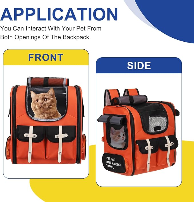 Pet Backpack Carrier, Portable and Ventilated, Oxford Cloth, Dogs Cats and Small Animals Travel Bag 13.39", (Orange, Red, Black, 1 Pcs), Intended for Hiking/Camping/Traveling